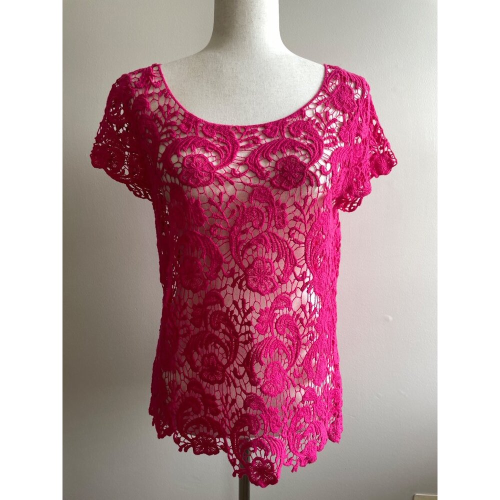 Lauren Conrad Crochet Blouse Shirt Womens M Pink Short Sleeve
